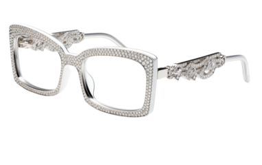 A pair of glasses adorned with intricate crystal details on the temples