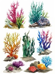 A set of colorful underwater plants and rocks. The plants are of various colors, including pink, green, and yellow. The rocks are scattered throughout the scene, with some larger and some smaller