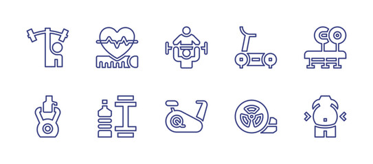 Fitness line icon set. Editable stroke. Vector illustration. Containing exercise, trainer, dumbbells, weightlifting, fitness, treadmill, fat, stationary bike, weight plates.