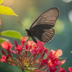 Graceful Encounter: Black Butterfly Alights on Red Blossom in Morning Light"