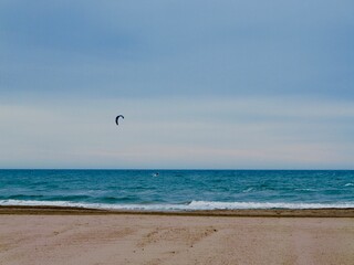 Kiteboarding or kitesurfing in Mediterranian cost of Spain, El Grao de Castellon, Valencia, Spain