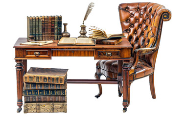 Vintage Writing Desk with Leather Chair on transparent background.