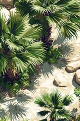 A painting of palm trees with a sandy beach in the background. The painting has a tropical vibe and the palm trees are the main focus