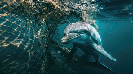 A dolphin is swimming through a net. The net is made of plastic and is full of trash