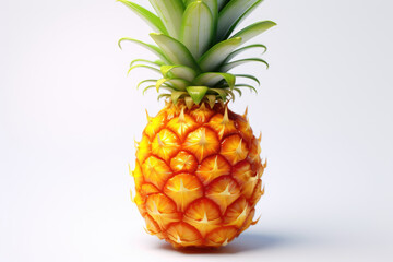 A pineapple is sliced in half and the top is removed. The pineapple is yellow and has a spiky top