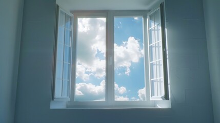 A window with a clear blue sky and white clouds. The sun is shining through the window, creating a warm and inviting atmosphere