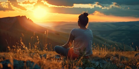 A woman sits on a hillside, looking out at the sunset. The sky is filled with clouds, and the sun is setting in the distance. The woman is in a contemplative mood