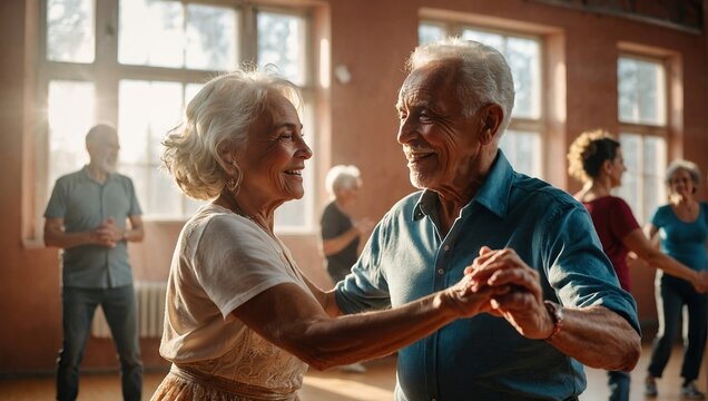 Happy senior couple, man and woman, dancing a passionate Bachata dance in the studio.