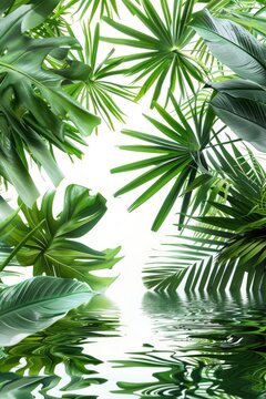 A lush green jungle with palm trees and a river. Concept of tranquility and natural beauty