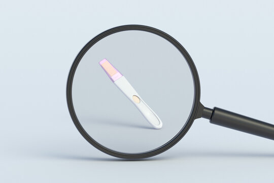 Pregnancy test behind magnifying glass. 3d render