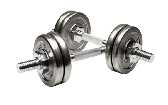 A pair of dumbbells resting on a pristine white background