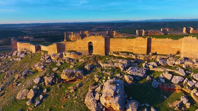 Aerial view from a drone of the Caliphate Fortress of Gormaz, the largest Muslim fortress in Europe. Town and municipality of Gormaz. Province of Soria. Castile and Leon. Spain. Spain. Europe