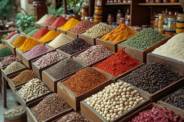 Gartenposter Spice Market Aromas A spice market with colorful displays of exotic spices and herbs © create interior