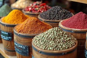 Selbstklebende Fototapete Zanzibar Spice Market Aromas A spice market with colorful displays of exotic spices and herbs