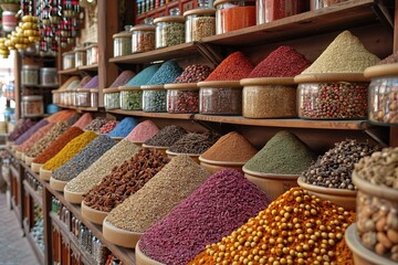 Spice Market Aromas A spice market with colorful displays of exotic spices and herbs - obrazy, fototapety, plakaty
