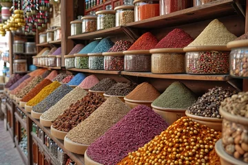 Gartenposter Spice Market Aromas A spice market with colorful displays of exotic spices and herbs © create interior