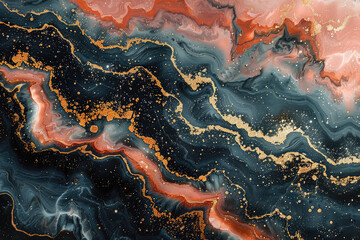 Ethereal marble pattern with gold veins, dark blue and pink hues, high resolution. Created with Ai - obrazy, fototapety, plakaty