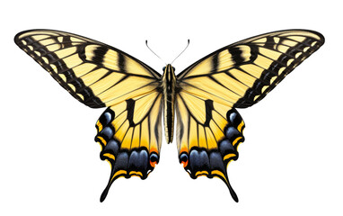 A vibrant yellow and black butterfly gracefully rests on a pure white background