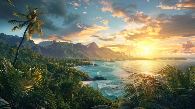 Panoramic view of beautiful sunset on tropical island.AI generated image