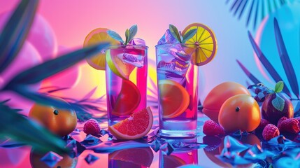 Two glasses of pink drink with raspberries and oranges on a table