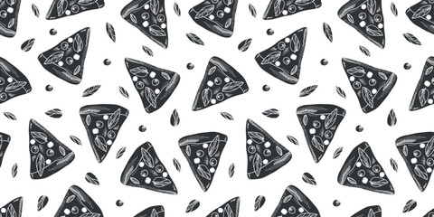 Fast food pizza seamless pattern. Black and white drawn pizza. Fast food vector hand drawn. Doodle sketch pizza margarita pattern