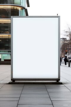 A large white billboard sits on a sidewalk in front of a building. The billboard is empty, with no text or images on it