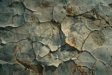 A cracked and weathered rock wall with a rough texture. The wall appears to be old and has been exposed to the elements for a long time. The cracks and holes in the wall give it a sense of age