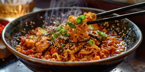 A bowl of noodles with chopsticks in it. The noodles are red and green