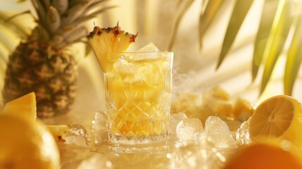 A glass of a drink with a slice of pineapple on top. The drink is in a glass and has ice in it....