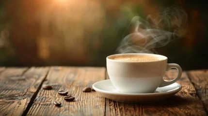 Foto op Plexiglas A steaming cup of coffee, a wooden table's companion, A warm, inviting cup of cappuccino releases a delicate trail of steam, set upon a weathered wooden table bathed in golden sunlight. © Arunrat