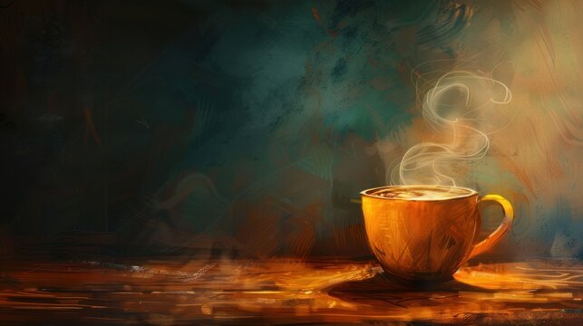 An artistically rendered image of a steaming coffee cup on a dark, textured background with warm lighting, evoking a sense of mystery and comfort.
