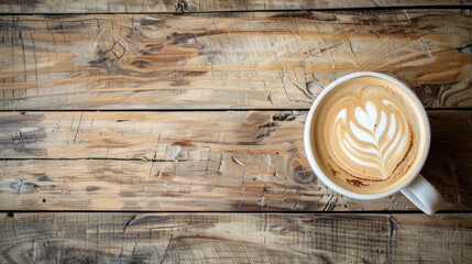 The simple pleasure of coffee on a wooden table, Top view of a freshly brewed latte with artful foam design, resting on an old wooden table, symbolizing a perfect morning start. - obrazy, fototapety, plakaty