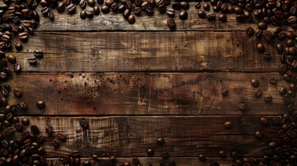 Dark roasted coffee beans scatter over the edges of a rustic wooden table, creating an ideal frame for a rich, textured coffee background. - obrazy, fototapety, plakaty
