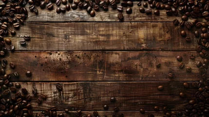 Foto op Plexiglas Dark roasted coffee beans scatter over the edges of a rustic wooden table, creating an ideal frame for a rich, textured coffee background. © Arunrat
