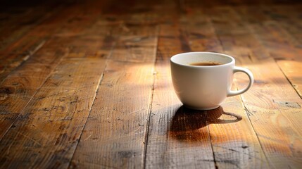 A white coffee cup filled with steaming coffee, casting a warm glow on a vintage wooden table, evoking a cozy morning atmosphere.