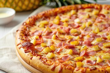A Hawaiian pizza with ham and pineapple toppings. The pizza is sitting on a wooden table. The table is covered with a white cloth - Powered by Adobe