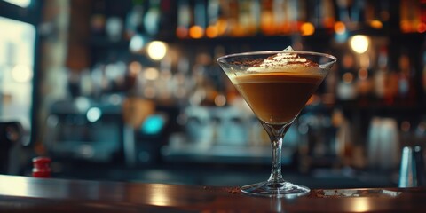 A martini glass with a brown liquid in it sits on a bar counter. The image has a warm, inviting...