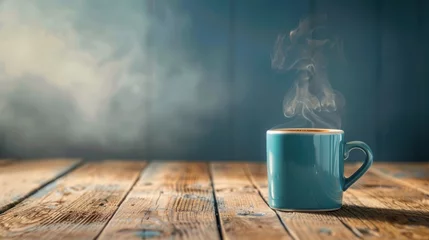 Foto op Plexiglas A steaming mug of coffee in a serene teal color sits on a vintage wooden table, with a cozy, hazy ambiance in the background. © Arunrat