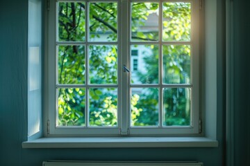 A window with a view of trees and a house. The window is open and the sun is shining through it