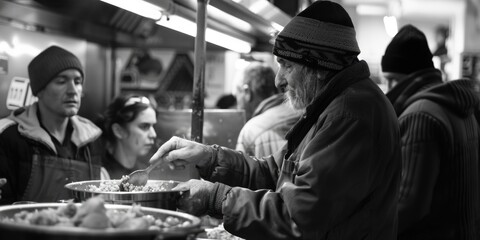 A man in a black jacket is serving food to a group of people. The people are standing around him,...