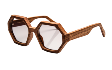 A pair of handmade wooden glasses resting on a pristine white surface