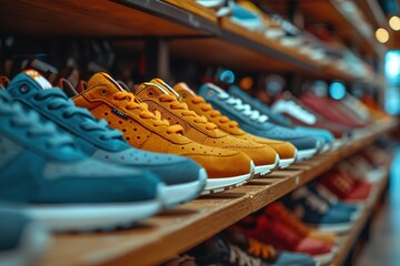 Trendy Sneakers Collection A display of the latest and trendiest sneaker styles in a fashion store - obrazy, fototapety, plakaty