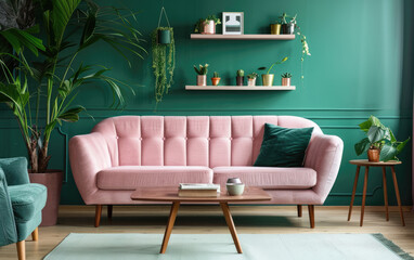 A modern living room with green wall, pink sofa and wooden coffee table, with potted plants on the side for decoration