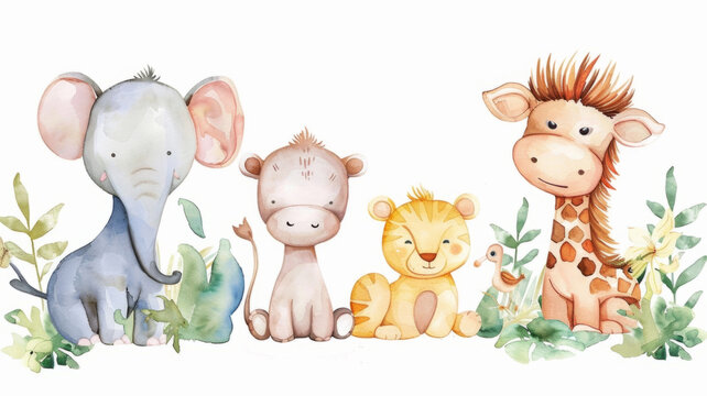 Adorable Cartoon Animal Friends in Lush Forest Landscape