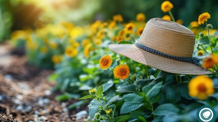 flower blooming in bed with gardener sun hat, home backyard springtime flower bed gardening concept, tranquil sustainable, generative Ai