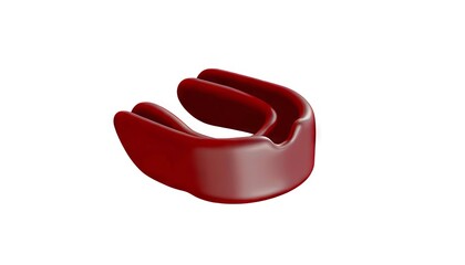 Dark Red sports mouthguard on white backdrop. Protective mouthpiece for athletes. Boxing mouth guard. Concept of sports safety, athletic gear, dental prevention, and contact sports equipment. - obrazy, fototapety, plakaty