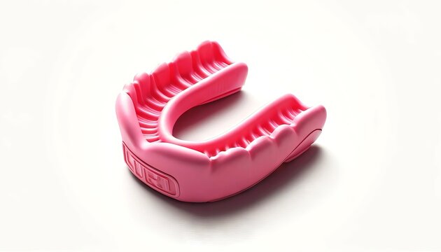 Pink sports mouthguard on white background. Protective mouthpiece for athletes. Boxing mouth guard. Concept of sports safety, athletic gear, dental prevention, and contact sports equipment.