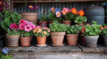 Fototapeta na wymiar many kind of flower pots , home backyard springtime flower bed gardening concept, tranquil sustainable, generative Ai