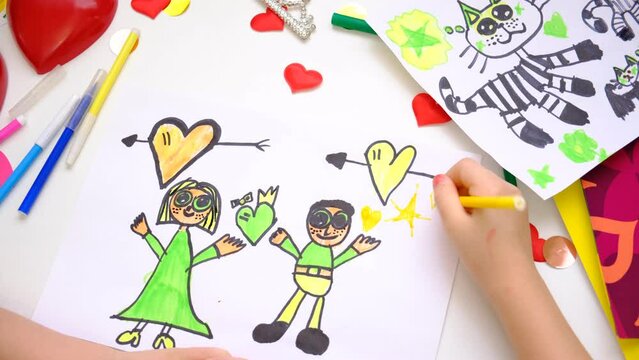 Child drawing hearts, couple , family, funny sketch for birthday, Mothers day or Valentines day. Education. Inspiration and imagination