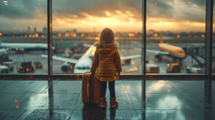 Standing at the airport terminal, a child peers eagerly at the runway, eagerly observing the elegant descent of planes, each one representing a new journey and endless possibilities - obrazy, fototapety, plakaty